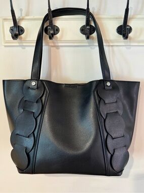Like-New, Danielle Nicole Black Leather Tote Bag with Braided Detail
